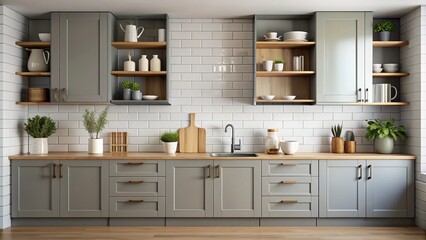 Modern grey built-in kitchen cabinet set displays household products on a blank empty countertop with white ceramic wall tiles backdrop.