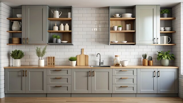 Modern grey built-in kitchen cabinet set displays household products on a blank empty countertop with white ceramic wall tiles backdrop.