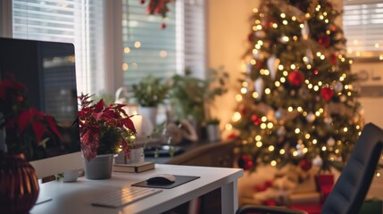 Obraz premium A desk positioned with a view of a decorated Christmas tree