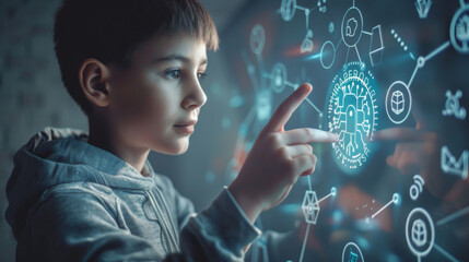 A young boy is pointing at a screen with a lot of symbols and numbers