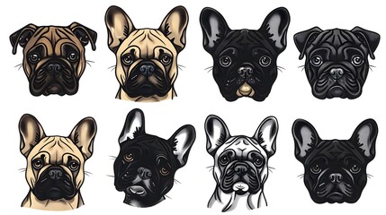 French Bulldog hand drawn cartoon face set. Cute Frenchie puppy drawing, vector illustration.
