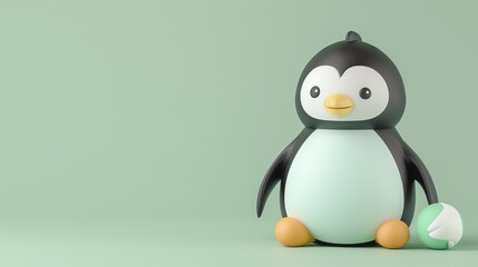 Obraz premium A 3D cartoon penguin with a green ball in front of a rainbow arch on a purple background.