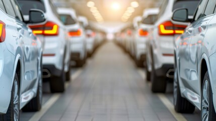 A row of modern white cars in a well-lit showroom, showcasing sleek designs and gleaming finishes, ideal for automotive marketing.