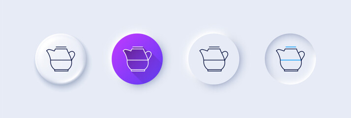 Milk jug for coffee icon. Neumorphic, Purple gradient, 3d pin buttons. Fresh drink sign. Beverage symbol. Line icons. Neumorphic buttons with outline signs. Vector