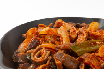 Stir-fried pork stomach seasoning on white background