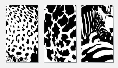 Сreative concept of postcards with an abstract image of a zebra, leopard, giraffe in a minimalistic style. Modern art design templates for holidays, advertising, branding, banners, covers, label