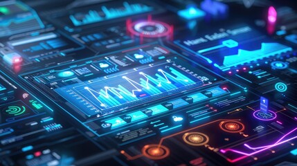 Fototapeta premium A futuristic home energy system with smart meters and sensors, integrated with renewable energy sources and showing efficiency metrics.