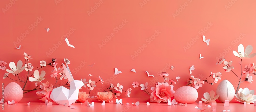 Aufkleber trendy springtime background with paper craft easter elements like papercraft eggs flowers and an or