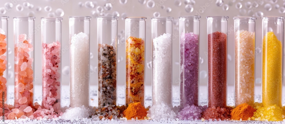 Aufkleber different types of bath salts displayed in test tubes against a white backdrop perfect for beauty tr