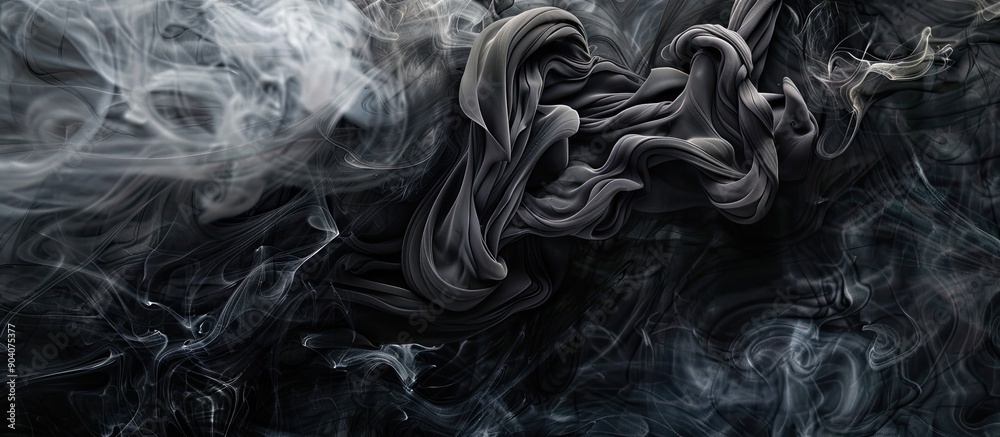 Poster a swirling black paint creates an abstract smoky texture in the image with copy space