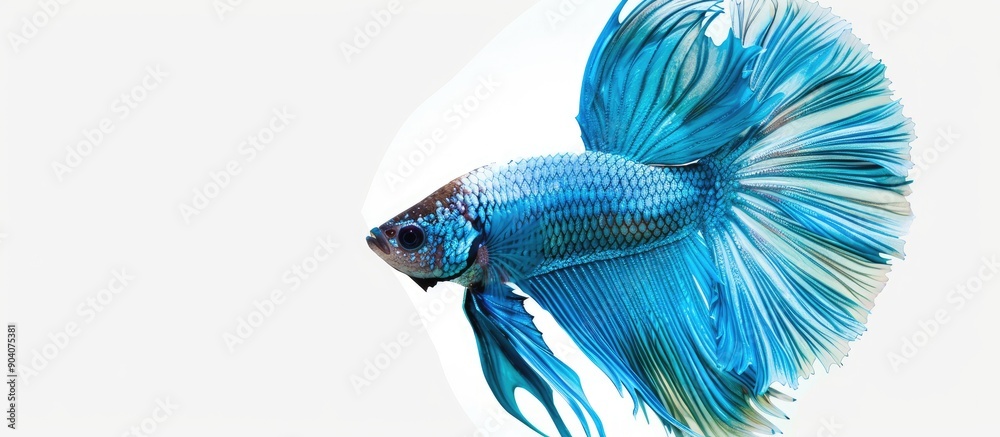Poster betta splendens a blue siamese fighting fish swims against a white backdrop suitable for a copy spac