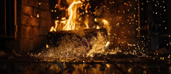 Fire abstract in a fireplace featuring vivid flames and sparks copy space image