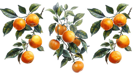 Vibrant illustration of multiple orange fruit clusters hanging on branches with lush green leaves. Ideal for nature, fruit, or garden themes.