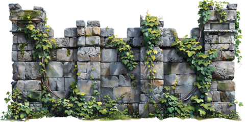 Old stone wall overgrown with green ivy, depicting the beauty of nature reclaiming man-made structures.