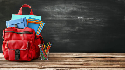 School Bag on The Table and School Blackboard b
Behind