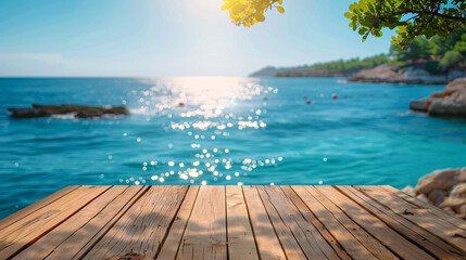 A table with a blur sea summer background, suitable for displaying products and conveying a sense of vacation and relaxation.