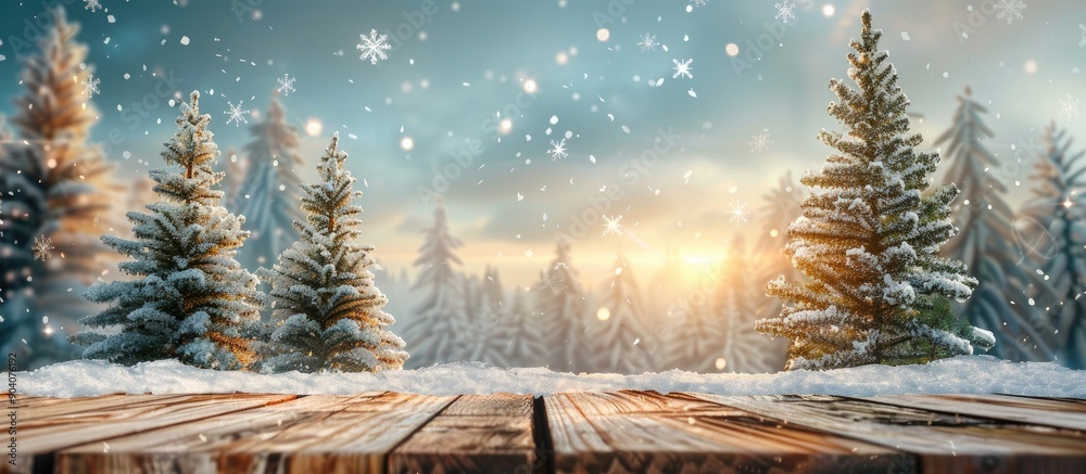 Leinwandbilder winter landscape with snowy fir trees on a wooden table top creating a festive merry christmas and h