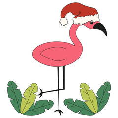 Christmas in july art with flat flamingo in santa hat. Exotic bird isolated white. Simple vector illustration for postcard t-shirt print. EPS 10