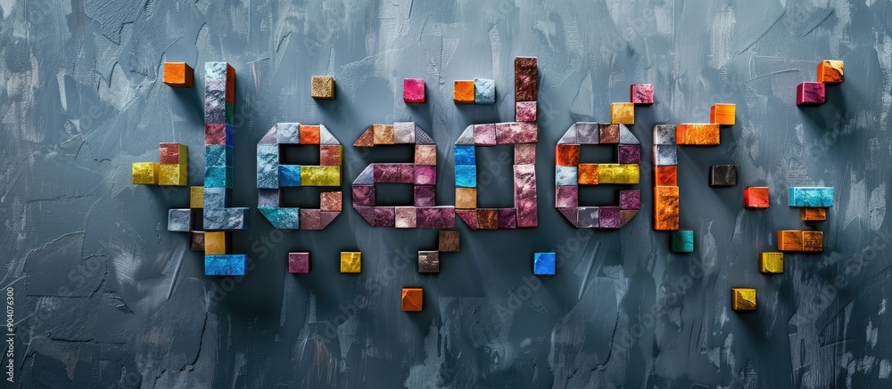 Poster Aerial perspective of the word leader formed by colorful blocks on a gray backdrop with copy space image