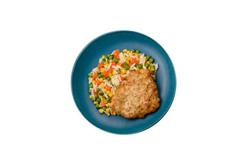 Delicious boiled rice with vegetables or risotto with carrots, peas and corn