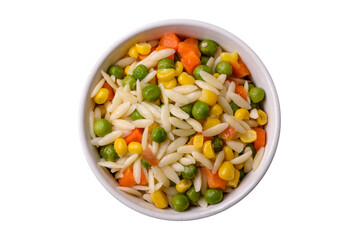 Delicious boiled rice with vegetables or risotto with carrots, peas and corn