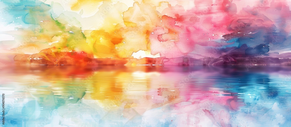 Poster Vivid watercolor painting with colorful blots and smears creating a beautiful abstract background with a mirror like reflection of the sky and clouds on water ideal for a copy space image