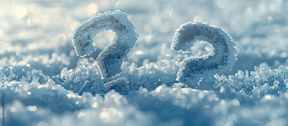Fototapete Snow with question marks and an arrow showcasing its icy texture In the background there is a perfect spot for text or a copy space image
