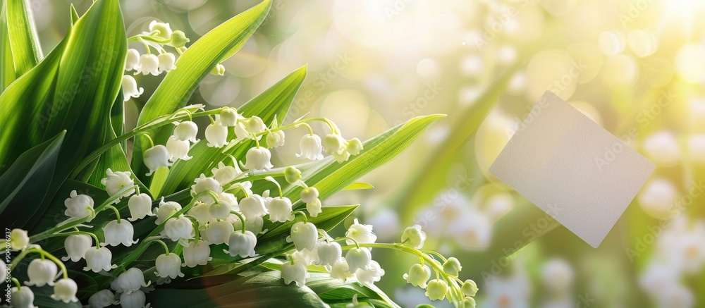 Poster colorful background with a gorgeous lily of the valley flowers and a blank card for copy space image