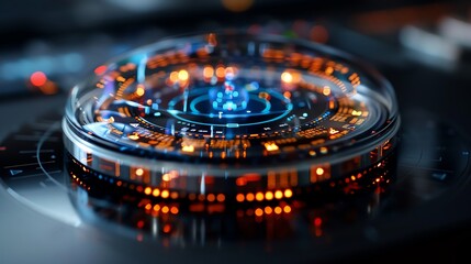 Close-up of a futuristic digital interface with glowing holographic elements and vibrant colors. Technology, innovation, and sci-fi concept.