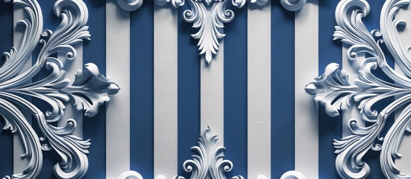 Blue and white striped pattern with intricate scroll work details on a decorative copy space image