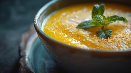 Close-up of a bowl of mango lassi with a frothy top and mint garnish.
