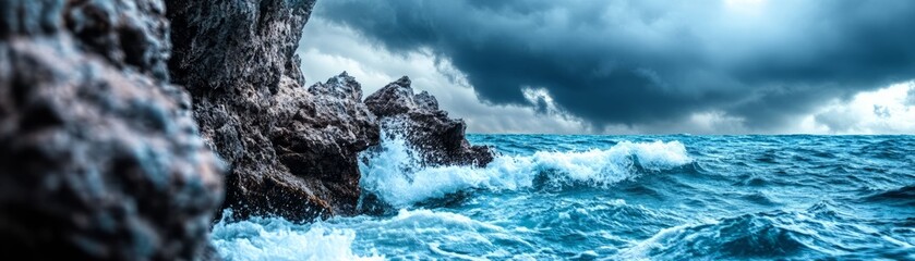 Dramatic ocean waves crash against rugged rocks under a stormy sky, creating a powerful and captivating seaside scene.