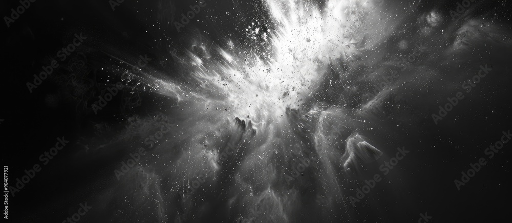 Poster Capture the stillness of a white powder burst against a dark background resembling an abstract white dust cloud suitable as a screensaver or wallpaper that includes copy space image representing a pl