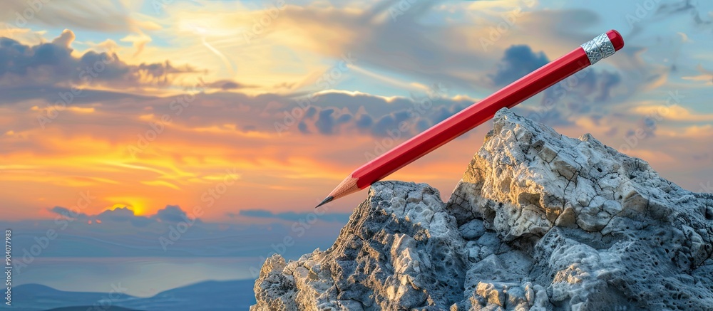 Aufkleber business success concept symbolized by a red pencil resembling a dart on a rocky mountain against a 