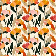 A seamless pattern featuring poppies, their petals in soft orange and pink hues, inspired by playful brush strokes and bold shapes