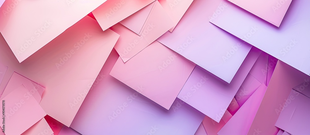 Poster top view of geometric shapes in pastel pink and purple colors forming an abstract paper composition 