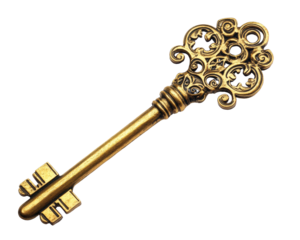 A gold key with a flower design on it