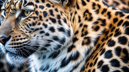 Obraz premium Dramatic close-up of majestic big cat's fur featuring striking black and white leopard skin pattern on a blurred background.
