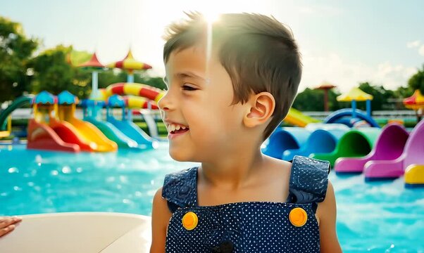 Medium shot portrait video of a pleased child male that is wearing a trendy jumpsuit against a fun-filled water park with slides and pools background