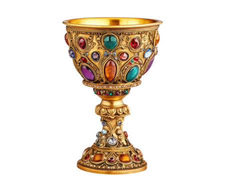 A gold cup with a colorful design and a blue gemstone in the middle