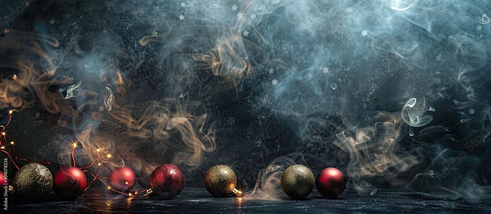 Poster Smoke and black background featuring a festively adorned table with Christmas balls allowing for your own decorative elements in the copy space image