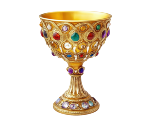 A gold cup with a colorful design and a blue gemstone in the middle