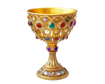 A gold cup with a colorful design and a blue gemstone in the middle
