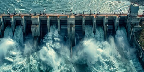 A hydroelectric dam releasing water, converting kinetic energy into electricity for thousands of homes