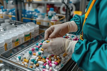 A pharmacist dressed in green medical attire is seen handling an array of pills and medicine on a laboratory table, indicative of careful organization and pharmaceutical expertise.