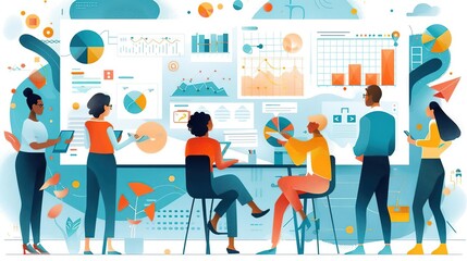 Business Analytics Illustration: Team of Professionals Analyzing Data Charts and Graphs