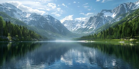 Fototapeta premium A pristine lake surrounded by mountains, illustrating the beauty and tranquility of preserved natural environments