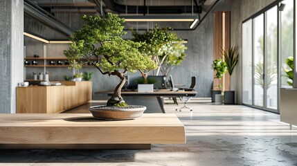 Fototapeta premium A bonsai tree displayed in a modern office space, adding a touch of nature and tranquility to the environment.
