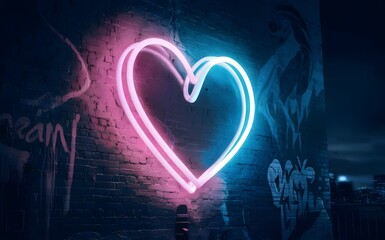 Bright Neon Heart with Pink and Blue Lights on Dark Brick Wall