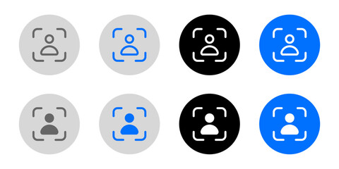 Naklejka premium ID scanner icon. User identification sign. Identity authorization symbol. Personal photo illustration. Portrait pictogram. Grey, blue and black button.